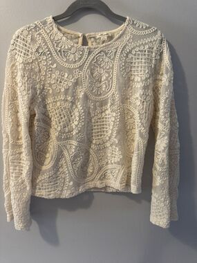 Ultra Pink Women’s Cream Ivory Crochet Lace Sheer Long-Sleeve Top M
